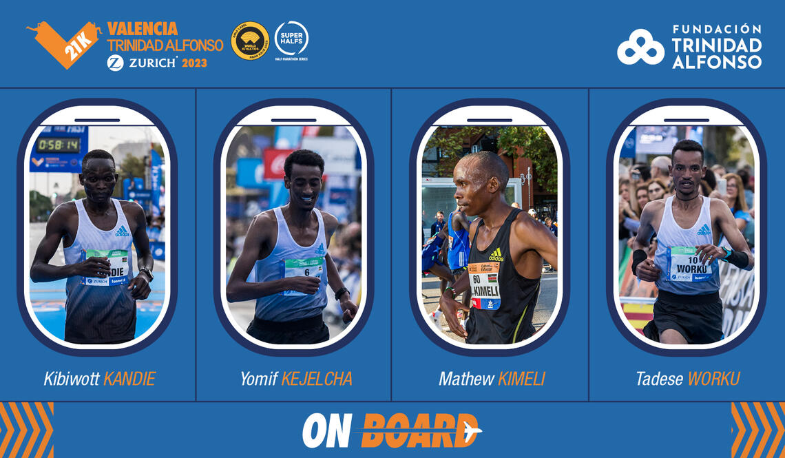 Kibiwott Kandi, Yomif Kejelcha, Mathew Kimeli og Tadese Worku er de fire herrene med best pers som er påmeldt Valencia Halvmaraton. (Foto: arrangøren)