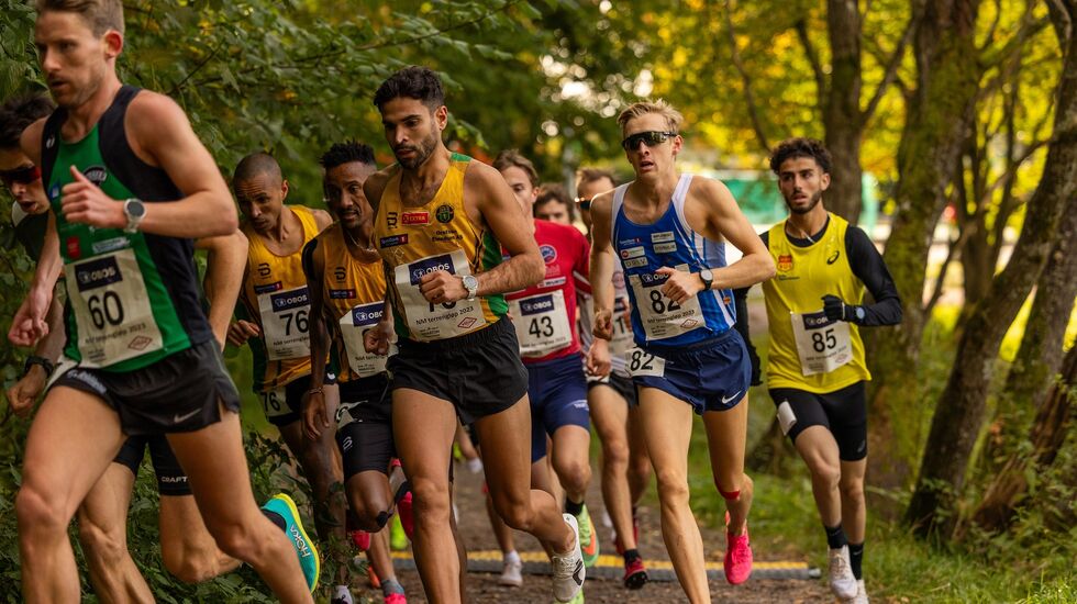 Fire av de fem seniorherrene som skal representere Norge i aksjon under NM terrengløp i Frognerparken (fra v.) Eivind Øygard, Jacob Boutera, Even Brøndbo Dahl og Ibrahim Buras. (Foto: Samuel Hafsahl)