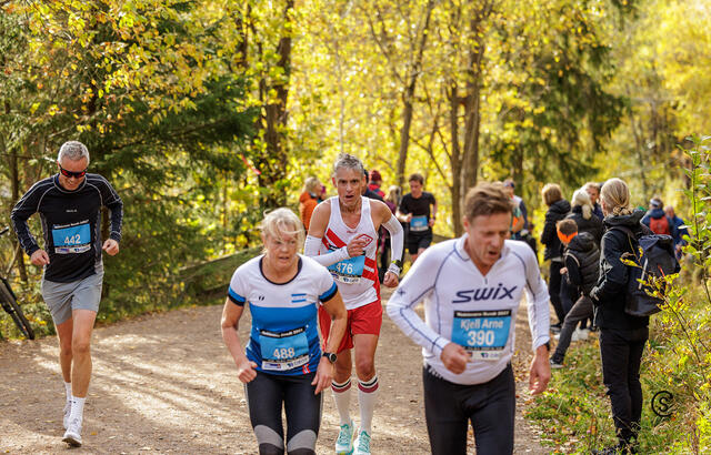 Kondis-president Tim Bennett (476) trives når han får løpe Nøklevann Rundt i vakre høstfarger sammen med spreke folk. (Foto: Sylvain Cavatz)