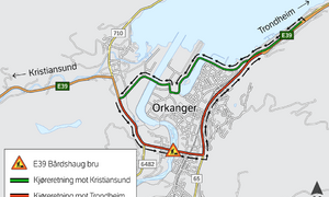 Kart som viser omkjøringsveier