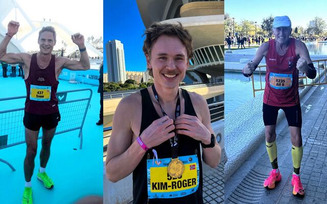 Sven Kilander (til v.) løp tidenes nest beste maraton i M45, Kim-Roger Trøite (i midten) var best av alle de 468 nordmennene og Alf B Dahl (til h.) satte ny norsk aldersrekord i M65 i Valencia Marathon. (Foto: Privat)