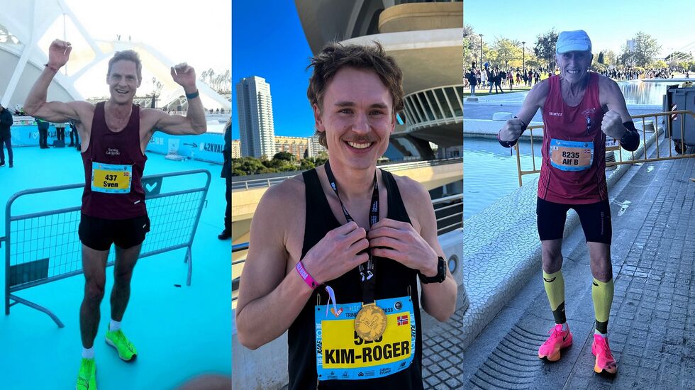 Sven Kilander (M45-til venstre) og Alf B Dahl (M65-til høyre) satte nye norske aldersrekorder, og Kim-Roger Trøite  var best av alle de 468 nordmennene  i Valencia Marathon. (Foto: Privat)
