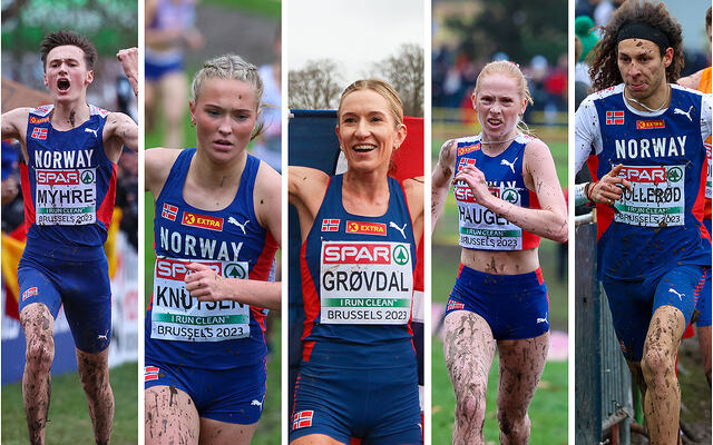 Magnus Tuv Myhre, Thea Charlotte Knutsen, Karoline Bjerkeli Grøvdal, Ina Halle Haugen og Moa Bollerød var de beste norske i sine klasser i EM terrengløp. (Foto/montasje: Arne Dag Myking)