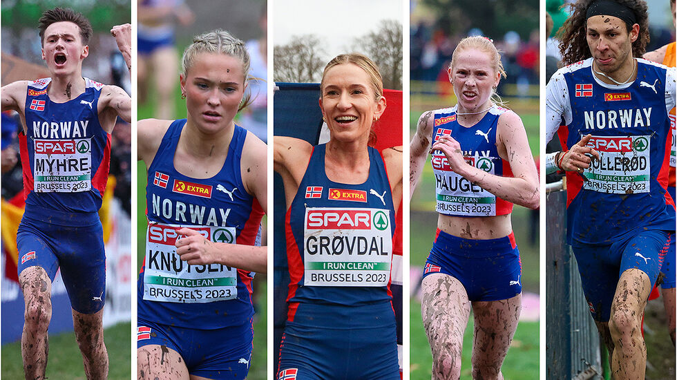 Magnus Tuv Myhre, Thea Charlotte Knutsen, Karoline Bjerkeli Grøvdal, Ina Halle Haugen og Moa Bollerød var de beste norske i sine klasser i EM terrengløp. (Foto/montasje: Arne Dag Myking)