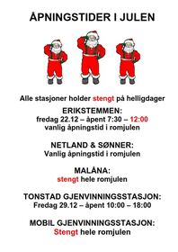 Plakat med åpningstider for gjenvinningsstasjoner i julen 2023