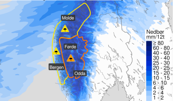 Kart over Sør-Noreg som syner svært mykje regn.