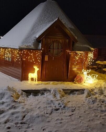 Et hus med julelys og to lysende reindsyr