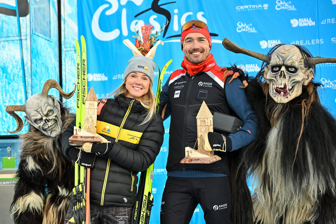 Emilie Fleten og Andreas Nygaard gikk seirende ut av spurten i La Venosta Criterium. (Foto: NordicFocus, Ski Classics)