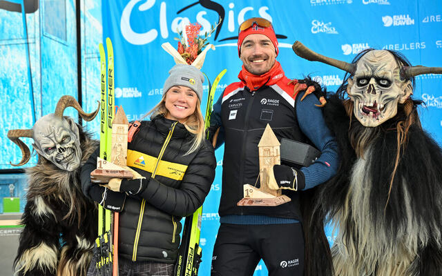 Emilie Fleten og Andreas Nygaard gikk seirende ut av spurten i La Venosta Criterium. (Foto: NordicFocus, Ski Classics)