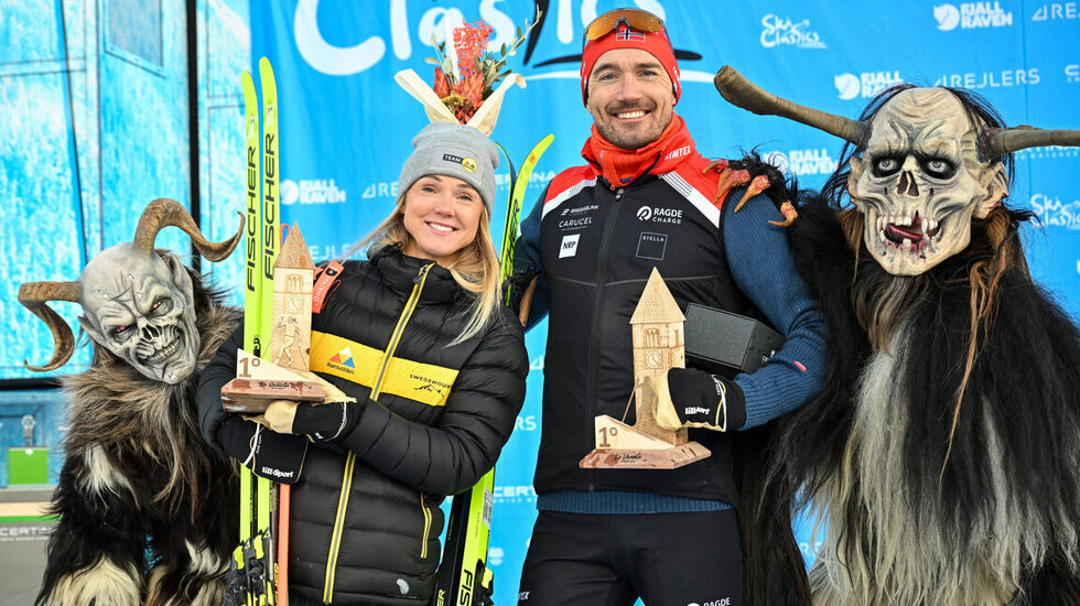 Emilie Fleten og Andreas Nygaard gikk seirende ut av spurten i La Venosta Criterium. (Foto: NordicFocus, Ski Classics)