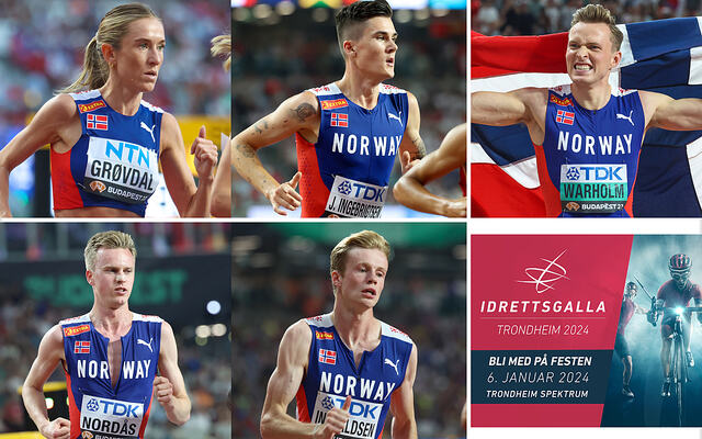 Karoline Bjerkeli Grøvdal, Jakob Ingebrigtsen, Karsten Warholm, Narve Gilje Nordås og Håvard Bentdal Ingvaldsen er blant de nominerte til å motta gjeve utmerkelser på Idrettsgallaen 2024 den 6. januar. (Foto og montasje: Arne Dag Myking)