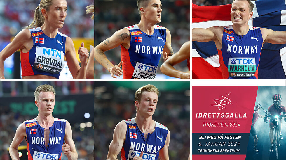 Karoline Bjerkeli Grøvdal, Jakob Ingebrigtsen, Karsten Warholm,  Narve Gilje Nordås og Håvard Bentdal Ingvaldsen er blant de nominerte til å motta gjeve utmerkelser på Idrettsgallaen 2024 den 6. januar. (Foto og montasje: Arne Dag Myking)