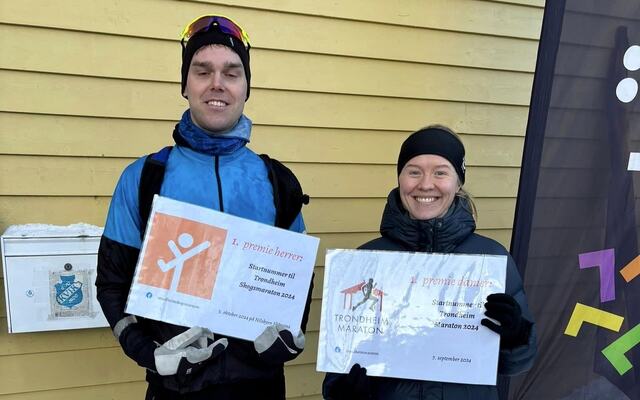 Petter Rypdal og Inga Megali vant startkontingent til henholdsvis Trondheim Skogsmaraton og Trondheim Maraton. (Foto fra Nyttårsløpets facebookside)