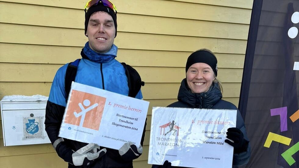 Petter Rypdal og Inga Megali vant startkontingent til henholdsvis Trondheim Skogsmaraton og Trondheim Maraton. (Foto fra Nyttårsløpets facebookside)