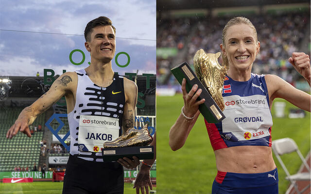 Jakob Ingebrigtsen og Karoline Bjerkeli Grøvdal har til sammen vunnet Kondis' gullsko 19 ganger som seniorer. Inkludert juniorkåringene har de to sikra seg hele 26 gullsko. (Foto: Samuel Hafsahl)