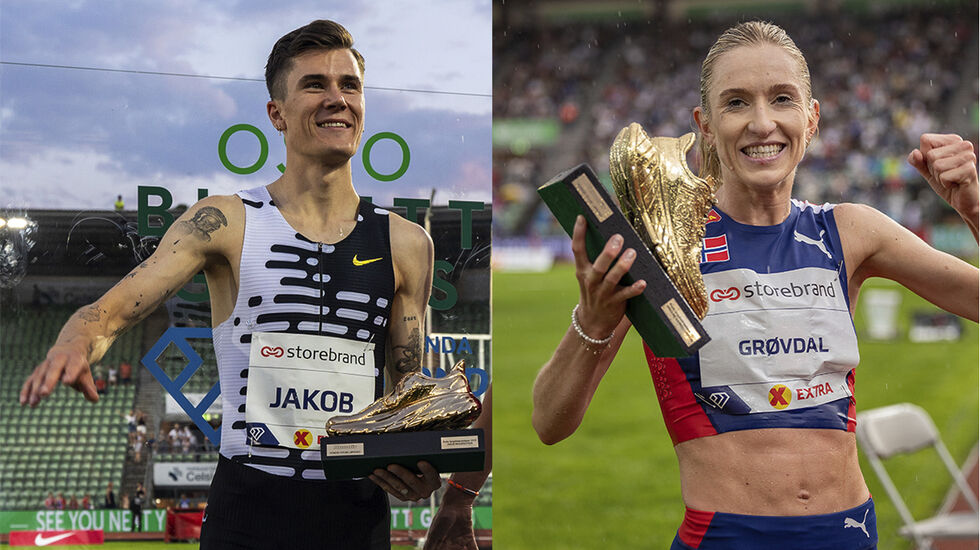 Jakob Ingebrigtsen og Karoline Bjerkeli Grøvdal har til sammen vunnet Kondis' gullsko 19 ganger som seniorer. Inkludert juniorkåringene har de to sikra seg hele 26 gullsko. (Foto: Samuel Hafsahl)