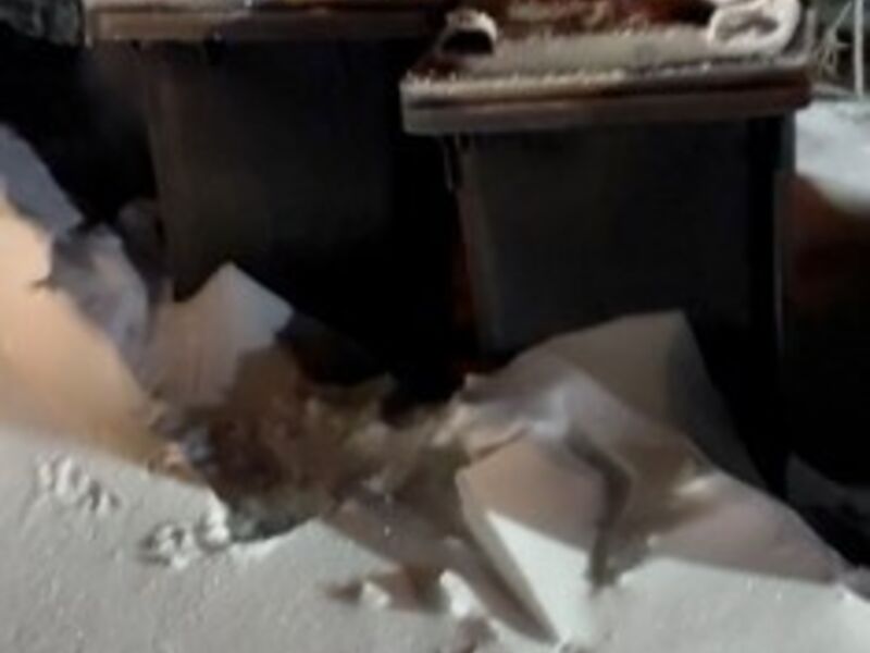 Bilde av avfallsbeholdere fastfrosset i snøen
