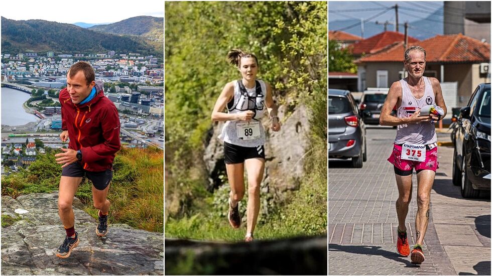 Årets ultraløpere 2023 (fra venstre): Stian Hovind Angermund, Yngvild Kaspersen og Simen Holvik (Foto: Arne Dag Myking/Keith Parsson/Spartathlon)