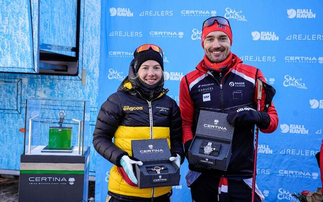 Ida Dahl og Andreas Nygaard klokket inn som vinnere i lørdagens Ski Classics i Italia. (Foto: Vanzetta/NordicFocus)