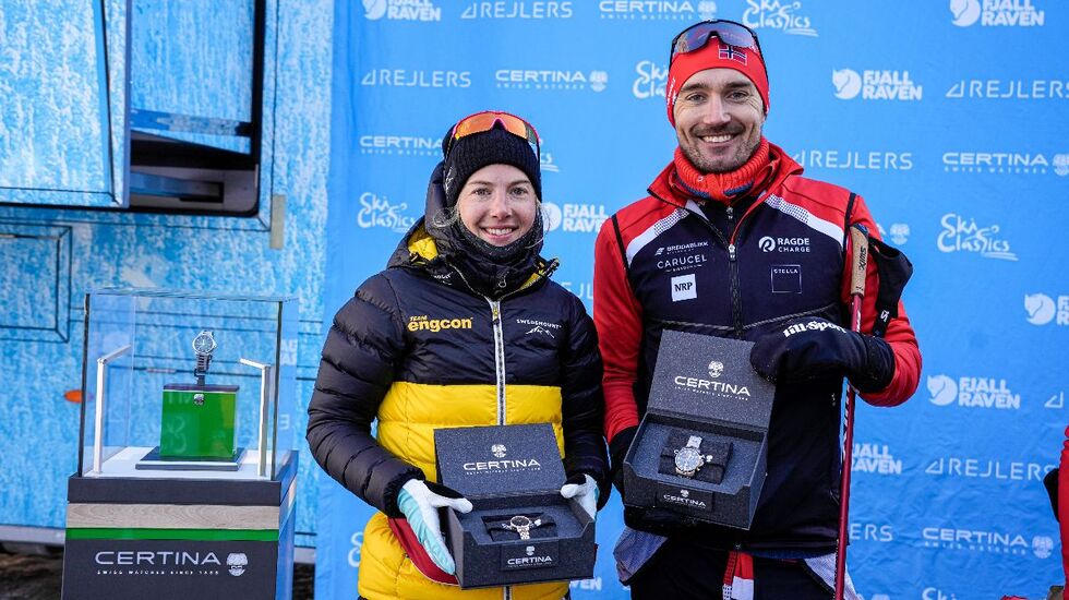 Ida Dahl og Andreas Nygaard klokket inn som vinnere i lørdagens Ski Classics i Italia. (Foto: Vanzetta/NordicFocus)