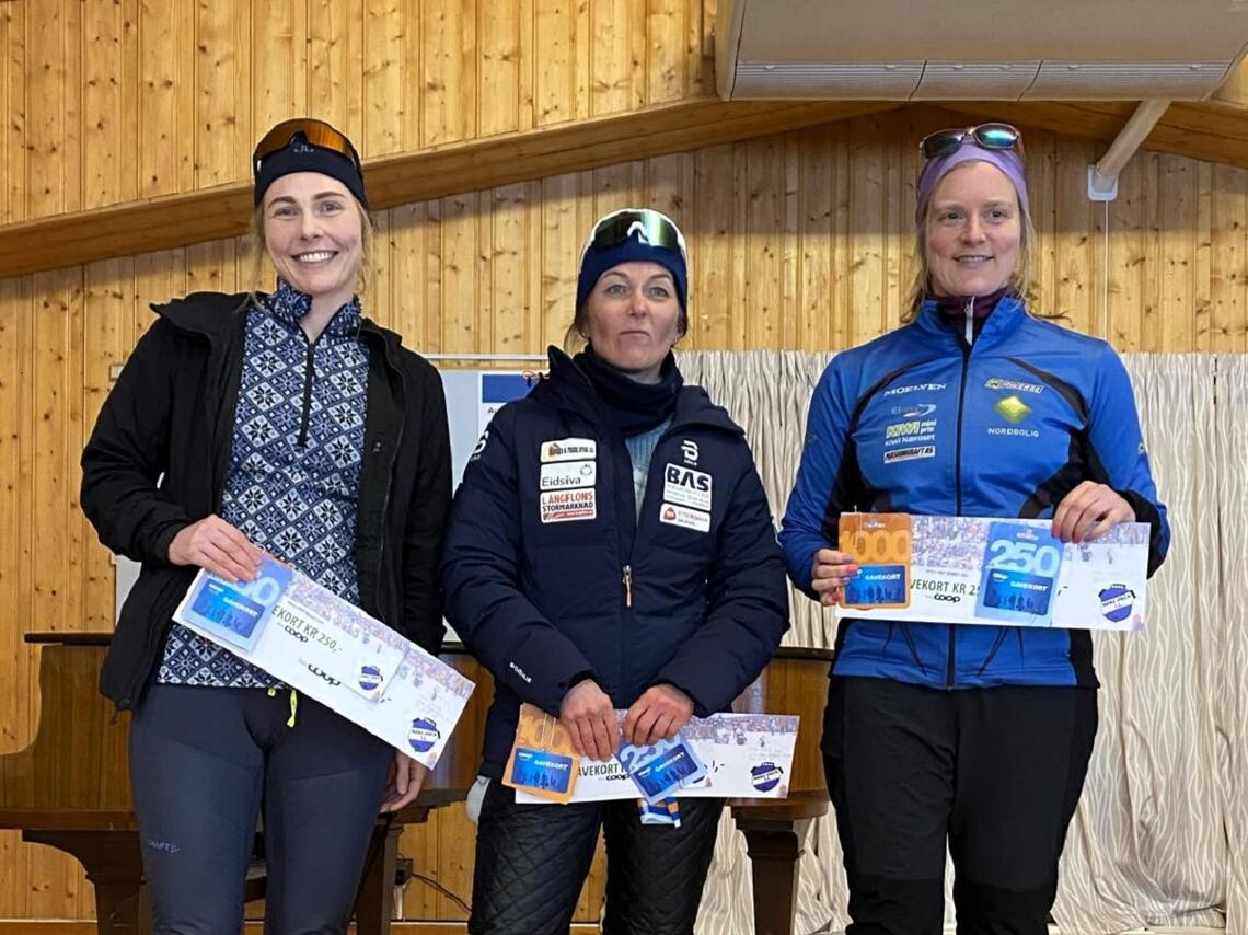 De tre beste i kvinneklassen i kronologisk rekkefølge fra venstre: Lene Ådlandsvik, Lin-Iren Sætre og Anne Storslett. (Foto: Erik Harviken)