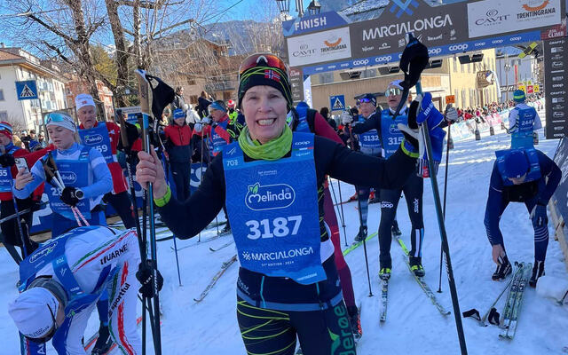 Rita Johanne Lyngmo ble beste norske på en 5. plass i klasse F60/69 i Marcialonga. Det var også ny pers, så hun var godt fornøyd. (Foto fra hennes FB-side)