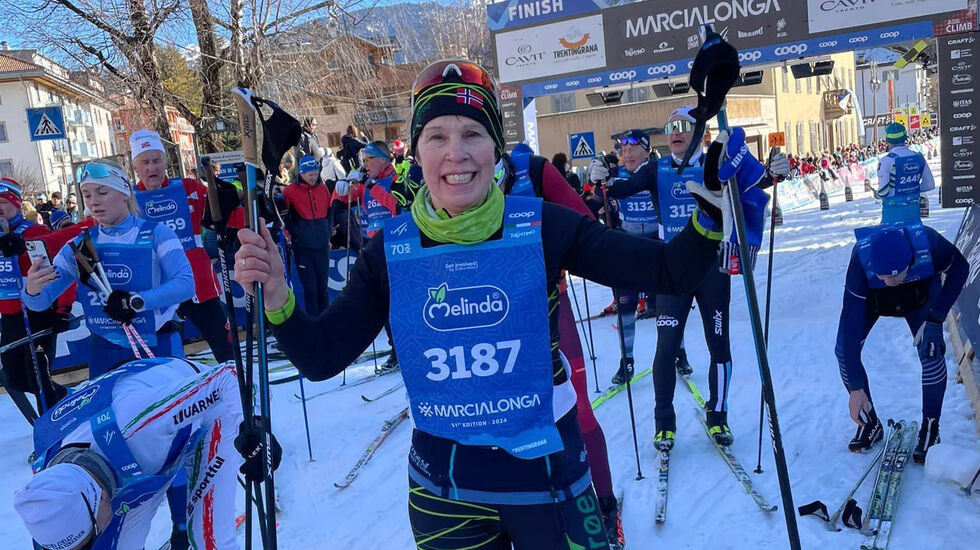 Rita Johanne Lyngmo ble beste norske på en 5. plass i klasse F60/69 i Marcialonga. Det var også ny pers, så hun var godt fornøyd. (Foto fra hennes FB-side)