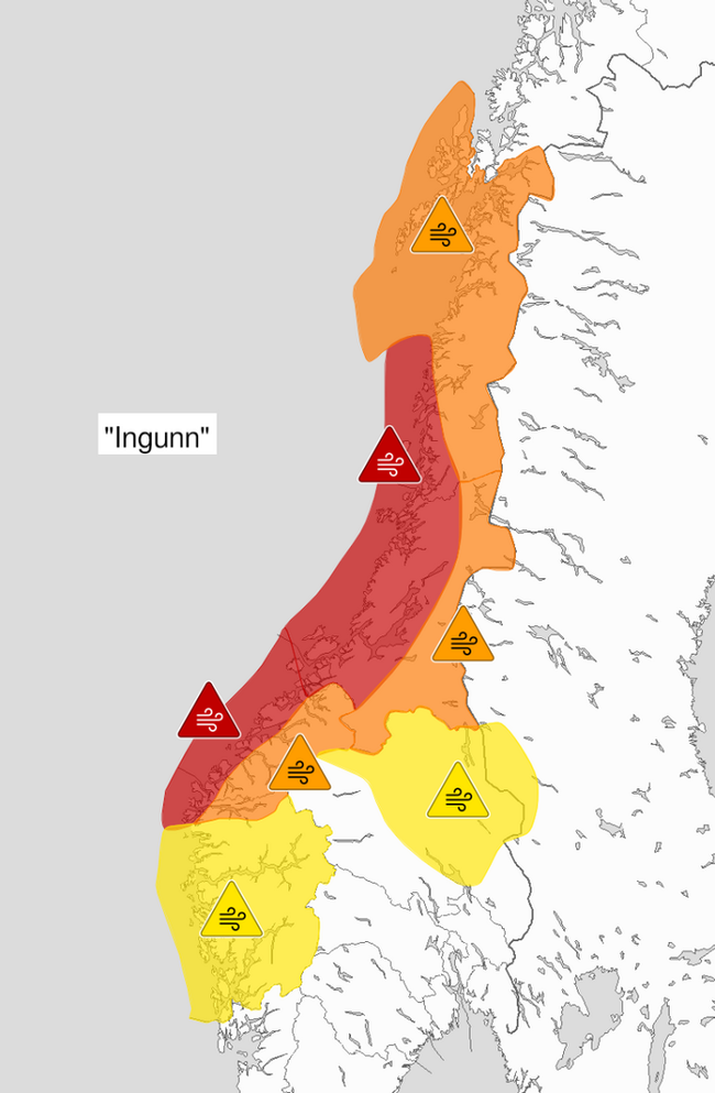 Kart som viser ekstremværet Ingunn