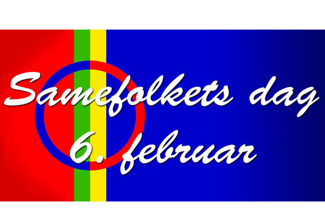 Samisk flagg med teksten; "Samefolkets dag - 6. februar"