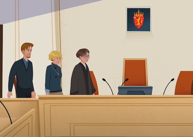 Tre teikna personar på veg inn i ein rettssal, ein dommar og to meddommarar.