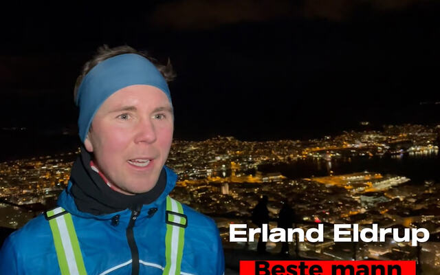 Erland Eldrup ble raskeste mann opp til Fløyen. (Bilde/video: Arne Dag Myking)