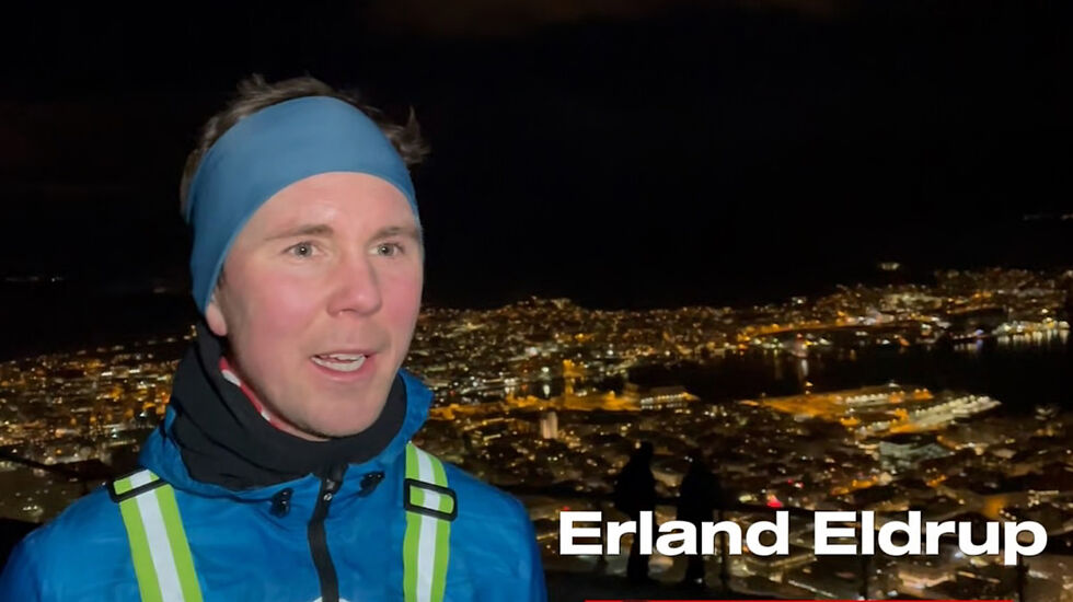 Erland Eldrup ble raskeste mann opp til Fløyen. (Bilde/video: Arne Dag Myking)