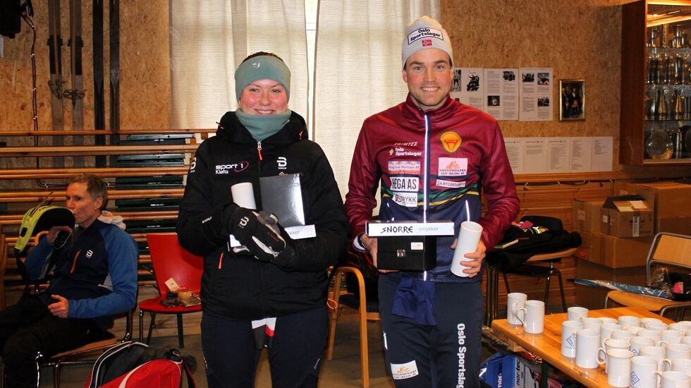 Vinnerne i jubileumsrennet, Mia Dunham og Mattis Sjøli. (Foto fra Nes Ski- og Sykkelanleggs facebookside)
