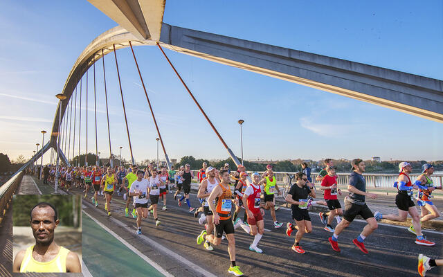 Weldu Negash Gebretsadik (innfeldt) leverte et godt maratonløp i solfylte Sevilla. (Foto: Juan José Úbeda, Sevilla Marathon, Runar Gilberg)