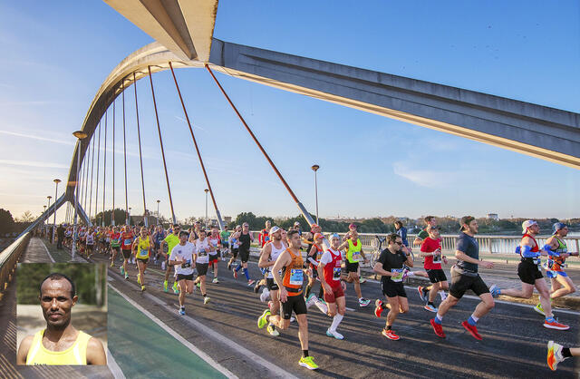 Weldu Negash Gebretsadik (innfeldt) leverte et godt maratonløp i solfylte Sevilla. (Foto: Juan José Úbeda, Sevilla Marathon, Runar Gilberg)