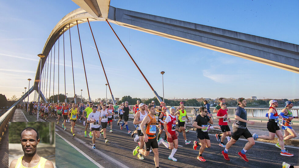 Weldu Negash Gebretsadik (innfeldt) leverte et godt maratonløp i solfylte Sevilla. (Foto: Juan José Úbeda, Sevilla Marathon, Runar Gilberg)