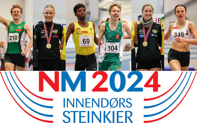Dette er årets innendørs norgesmestere på de lengste løpsøvelsene: Ole Jakob Solbu, Pernille Karlsen Antonsen, Abdullahi Dahir Rabi, Håkon Moe Berg, Kristine Lande Dommersnes og Ingeborg Østgård. (Foto: Arne Dag Myking)