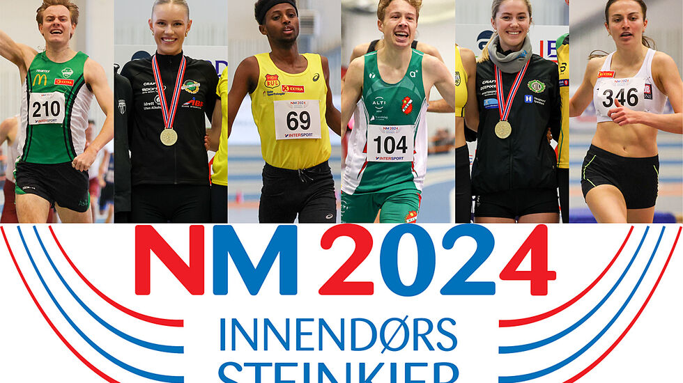 Dette er årets innendørs norgesmestere på de lengste løpsøvelsene: Ole Jakob Solbu, Pernille Karlsen Antonsen, Abdullahi Dahir Rabi, Håkon Moe Berg, Kristine Lande Dommersnes og Ingeborg Østgård. (Foto: Arne Dag Myking)