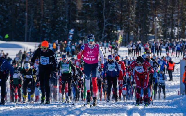 Fra starten på Trysil Skimartaon i år med Julian Paula med den rosa ungdomstrøya langt framme. (Foto: Jonas Sjögren)