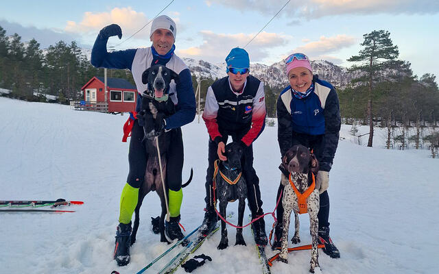 Klas Færøvik, Julian Vinkler-Hansen, Beate Vinkler Rasmussen og deres tre hunder er klare for å delta i NM i hundekjøring. Hundene heter Chillie Pepper, Grolf og Ask. (Foto: Veronica Lindtner).