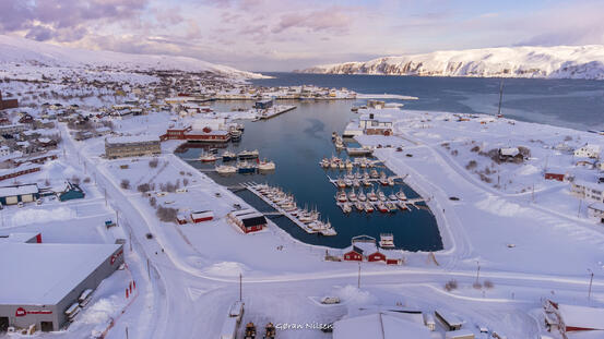 På Bilde: Oversiktsbilde over Båtsfjord havn, med småbåthavn. Bilde: GN foto