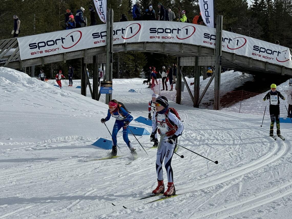 Noen av de yngste løperne i UngdomsBirken på vei under skibrua og inn på stadion 1 km før målgangen på Birkebeineren skistadion. (Foto: Finn Olsen)