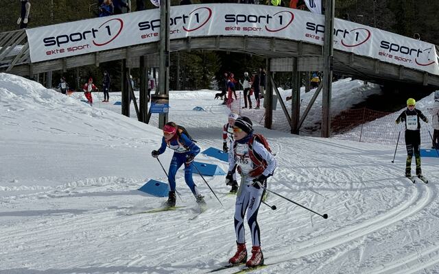 Noen av de yngste løperne i UngdomsBirken på vei under skibrua og inn på stadion 1 km før målgangen på Birkebeineren skistadion. (Foto: Finn Olsen)