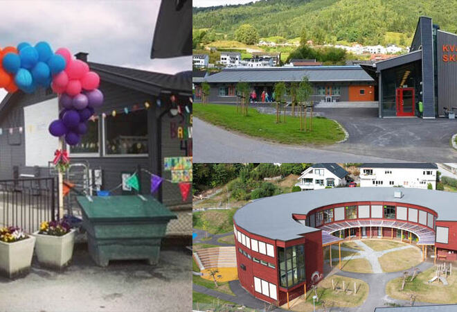 Bilete av tre bygningar, Stedje barnehage, Kvåle skule og Fosshagen utdanningsbarnehage.