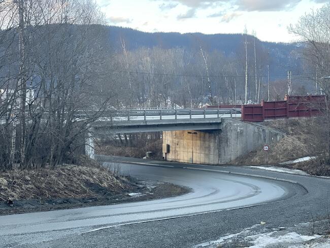 Bildet viser en vei som svinger til venstre under en betongbro, med fjell og trær i bakgrunnen. Veien bukter seg under broen, og det er en rød barriere eller gjerde på toppen av broen. Trærne er nakne på begge sider av veien, noe som indikerer sen h�