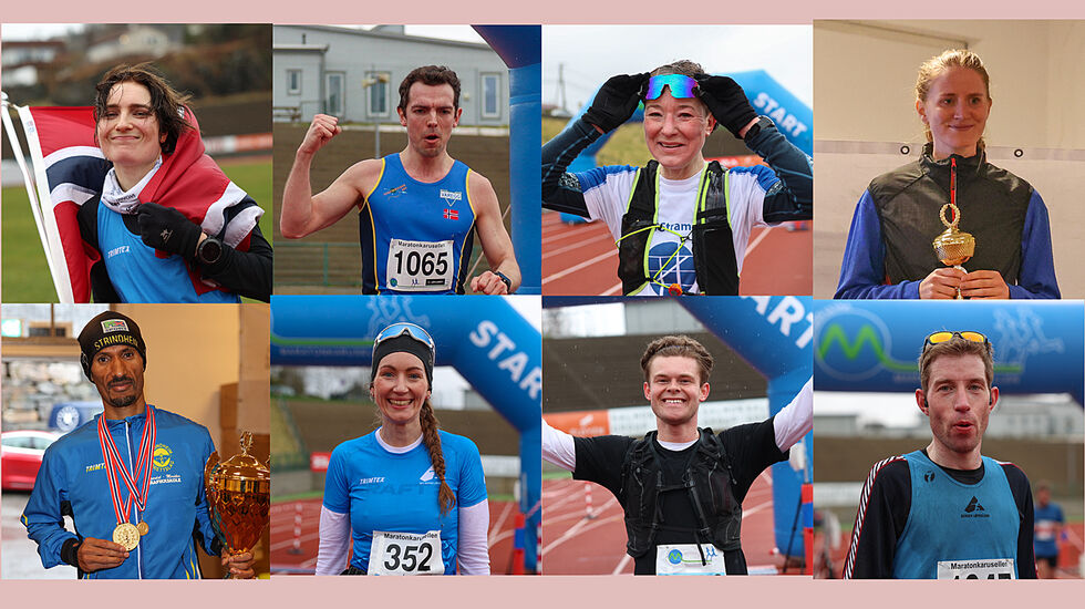 Dette er alle vinnerne fra Bergen Ultra / NM 100km: Ingrid Lid, Tage Morken Augustson, Marit Widding, Lina Rivedal, Ebrahim Abdulaziz, Malene Hjorteland, Thomas Berg-Larsen og Ketil Monssen. (Alle foto: Arne Dag Myking)