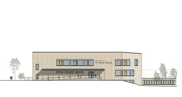 Fasadetegning av Saga skole når den er ferdig utvidet.