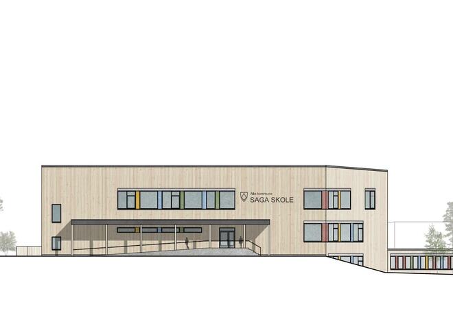 Fasadetegning av Saga skole når den er ferdig utvidet.