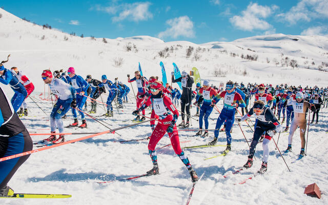 Eit stort felt legg av garde ut i den perfekte løypa. (Foto: Haukelirennet)