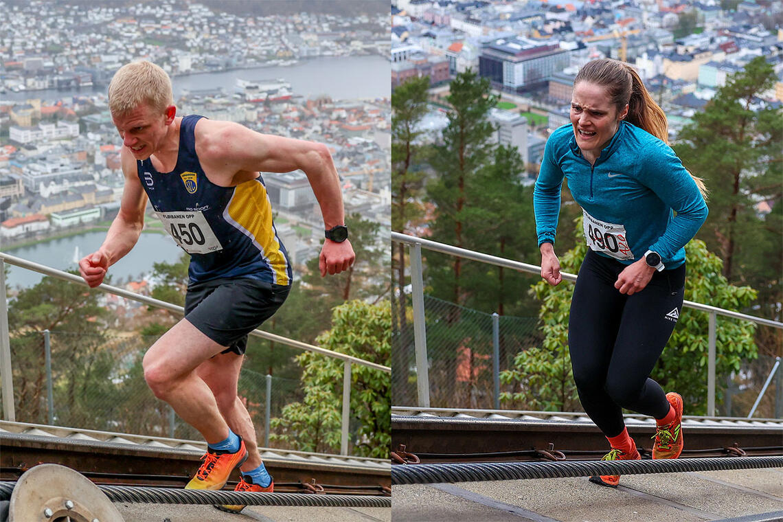 Joel Dyrhovden og Emma Dyrhovden var de aller raskeste opp Fløibanen, uten Fløibanen. (Alle foto: Arne Dag Myking)